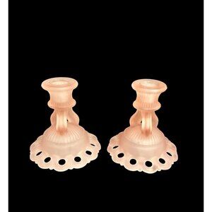 Westmoreland 5" Pink Satin Glass Doric Open Lace Candlestick Holders - Set of 2